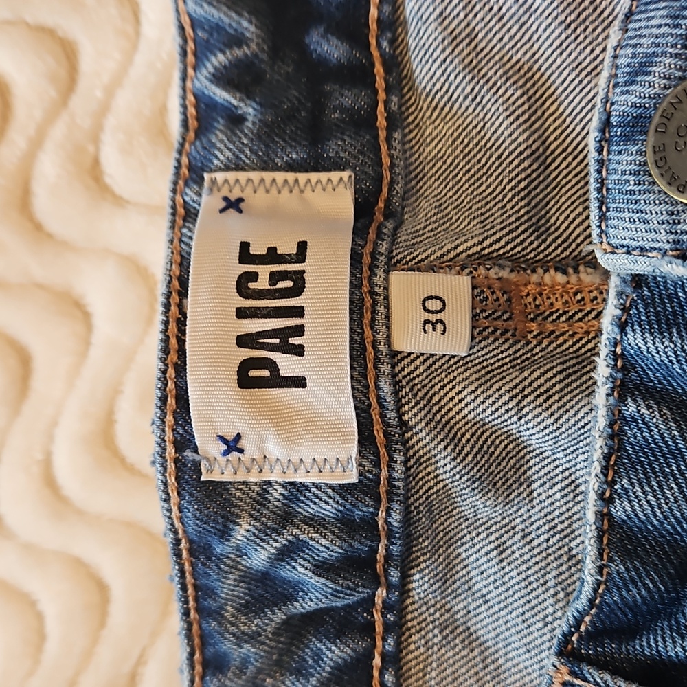 PAIGE Blue Distressed Jean Shorts - Picture 7 of 8